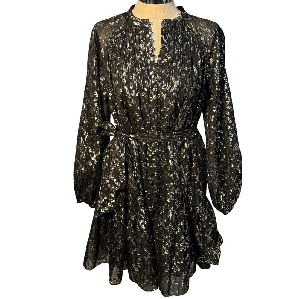 NWT Antonio Melani Long Sleeve Mock Neck Black Gold Dress Size 14 Metallic